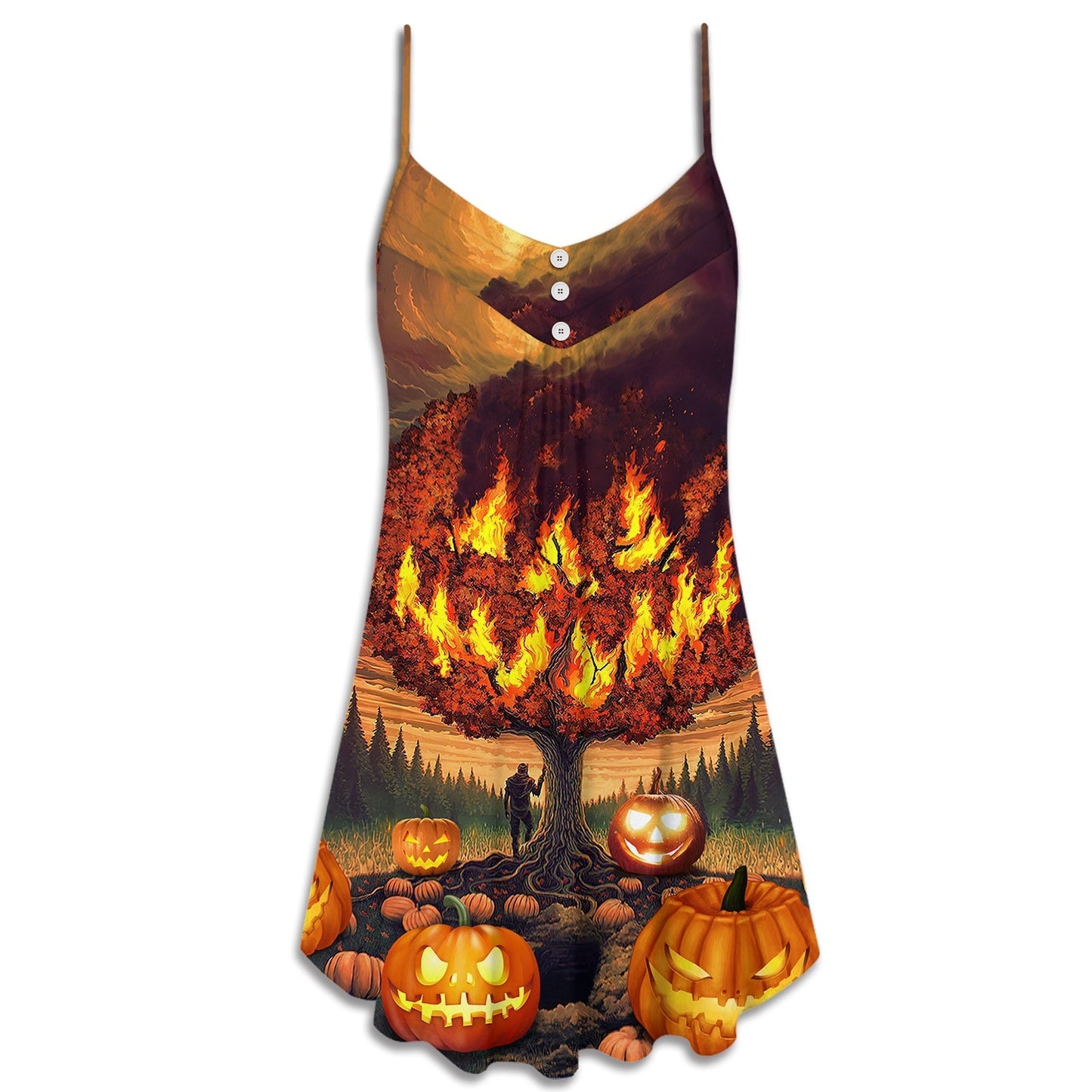 Halloween Burning Pumpkin Night – Women's Summer Sleeveless V-Neck Camisole Dress