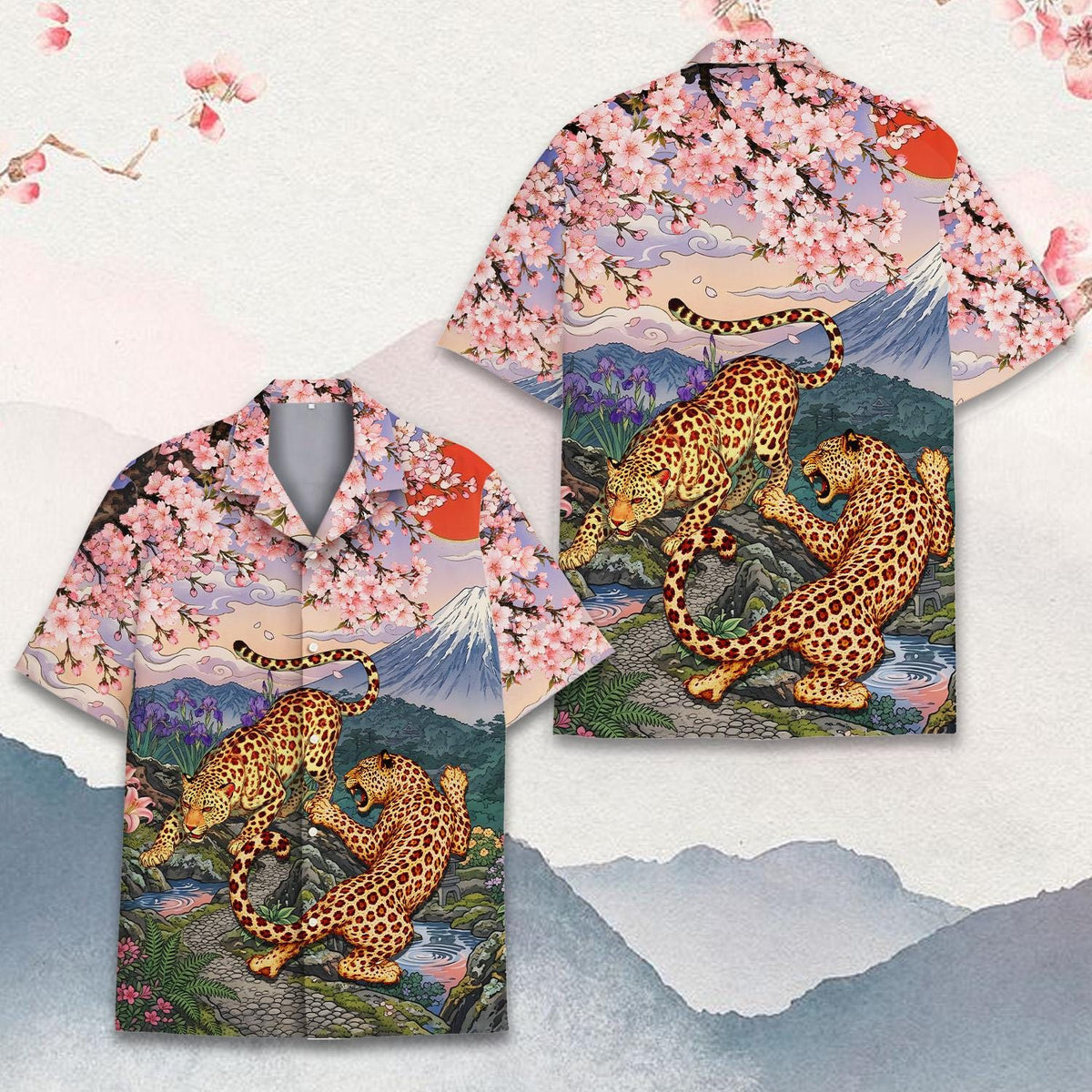 Japanese Cherry Blossom Mount Fuji Leopard Floral – Hawaiian Shirt