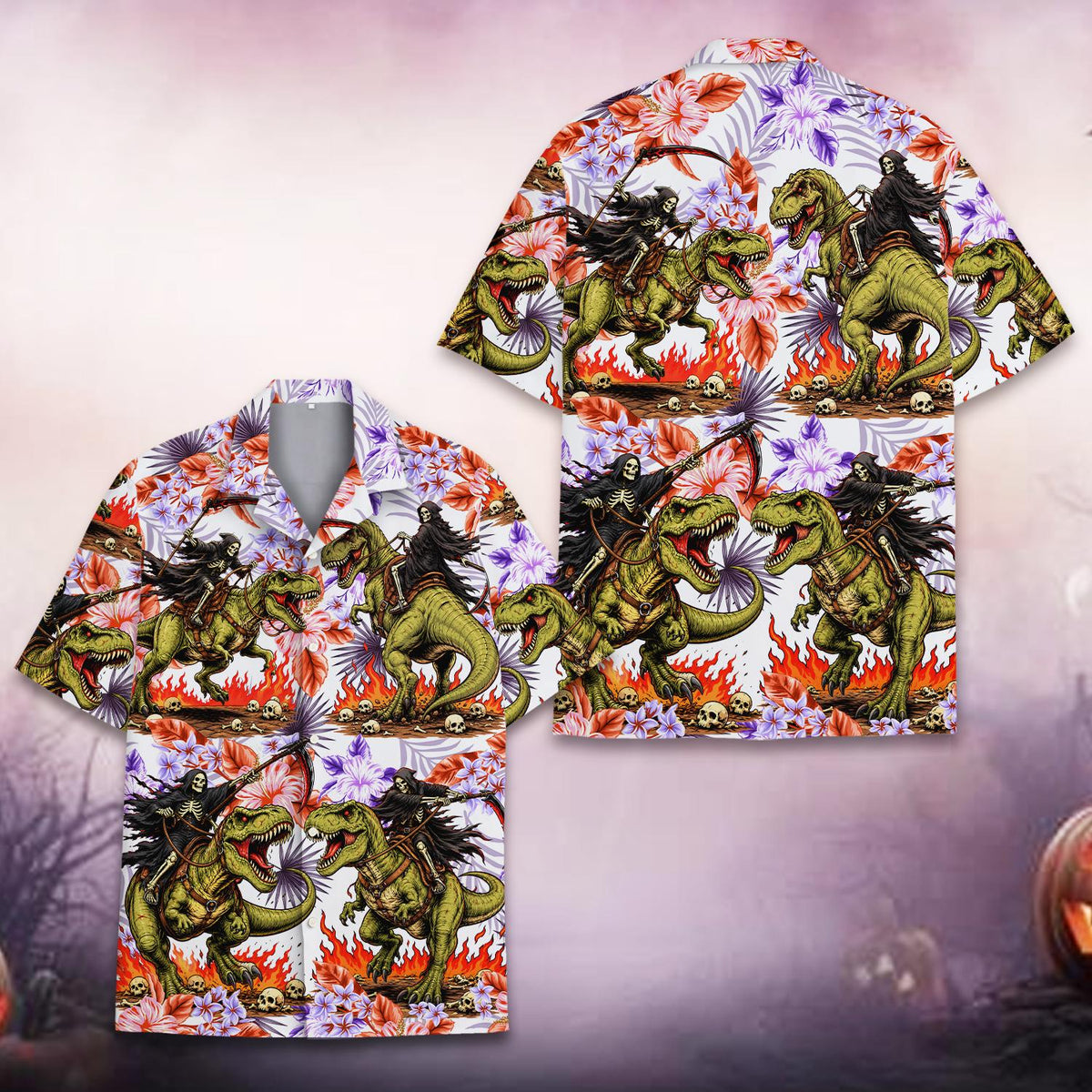 T-Rex Riding Reaper Retro Skeleton Dinosaur – Hawaiian Shirt