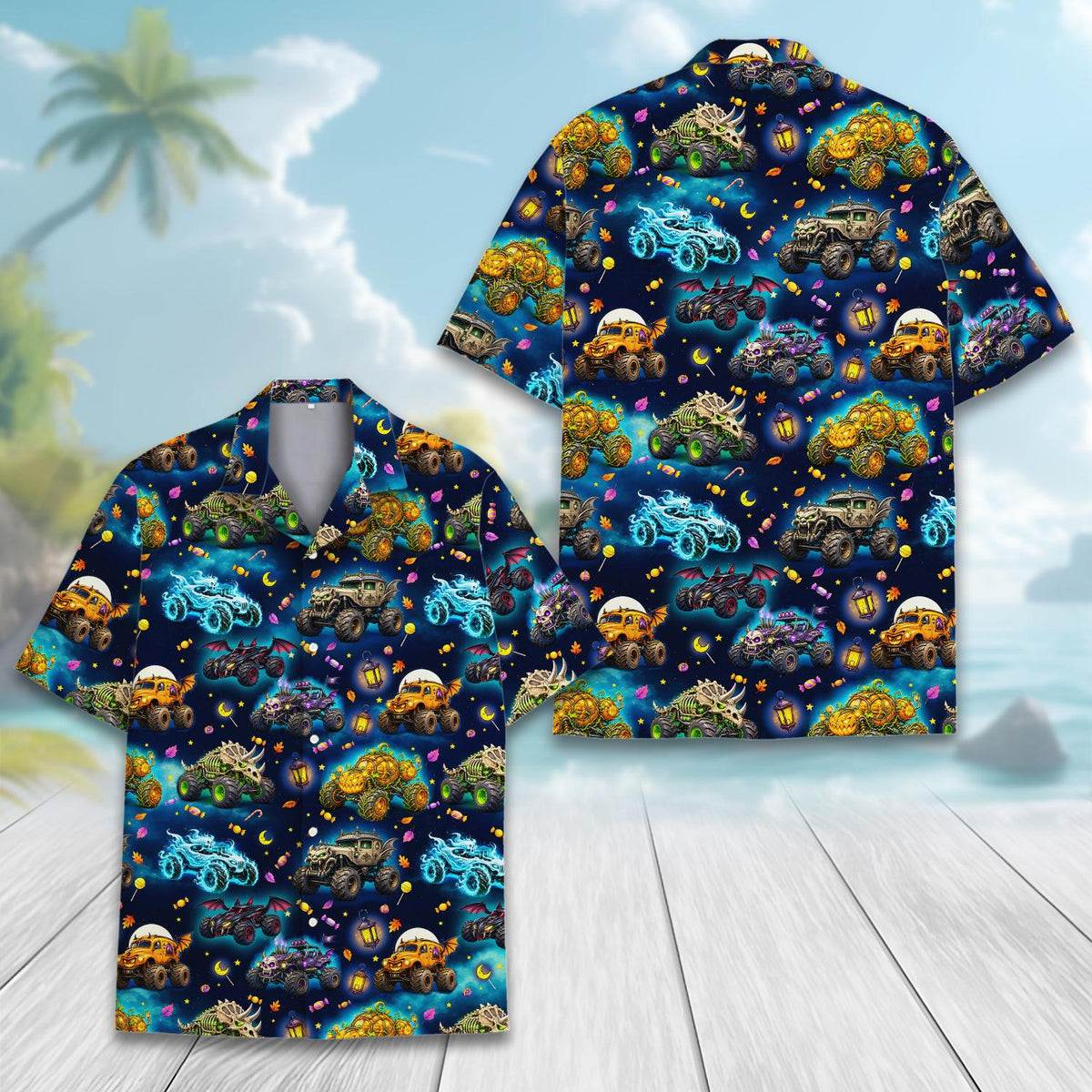 Halloween Monster Truck Ghost Pumpkin Skeleton Racing – Hawaiian Shirt