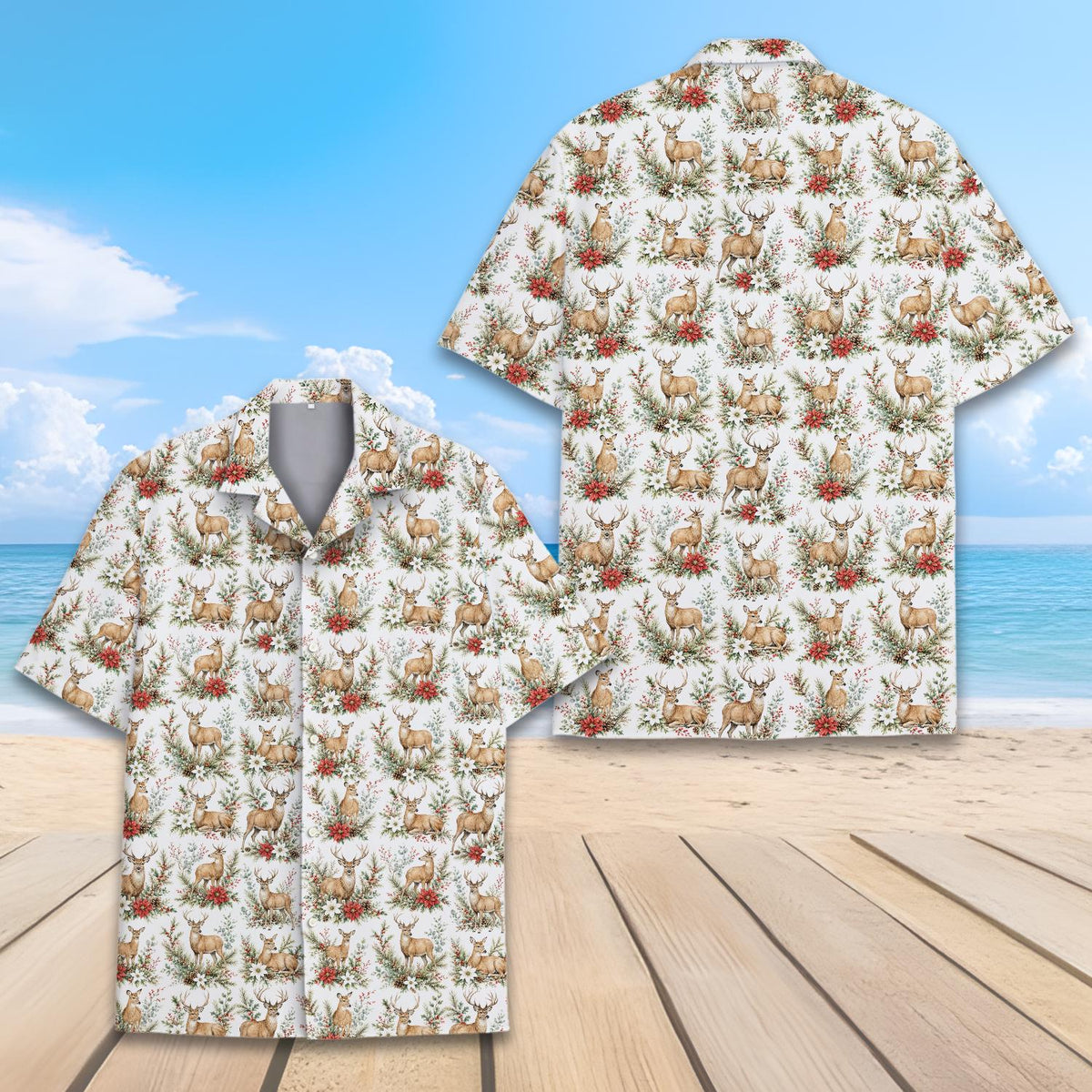 Christmas Deer Vintage Reindeer Poinsettia Woodland – Hawaiian Shirt