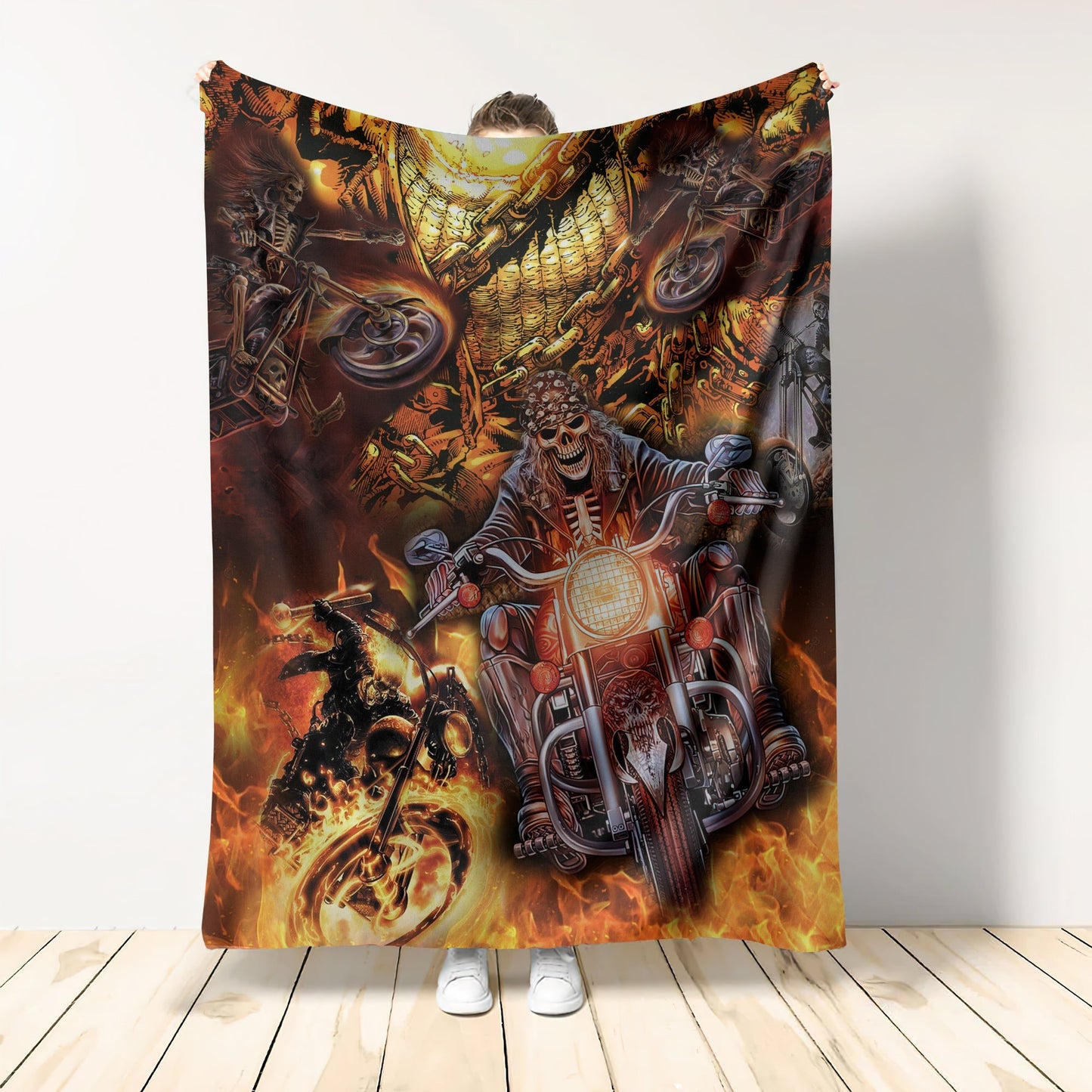 Skull Motorcycle Racing Fast Fire Flannel Blanket For Soft Bed Couch And Home Comfort