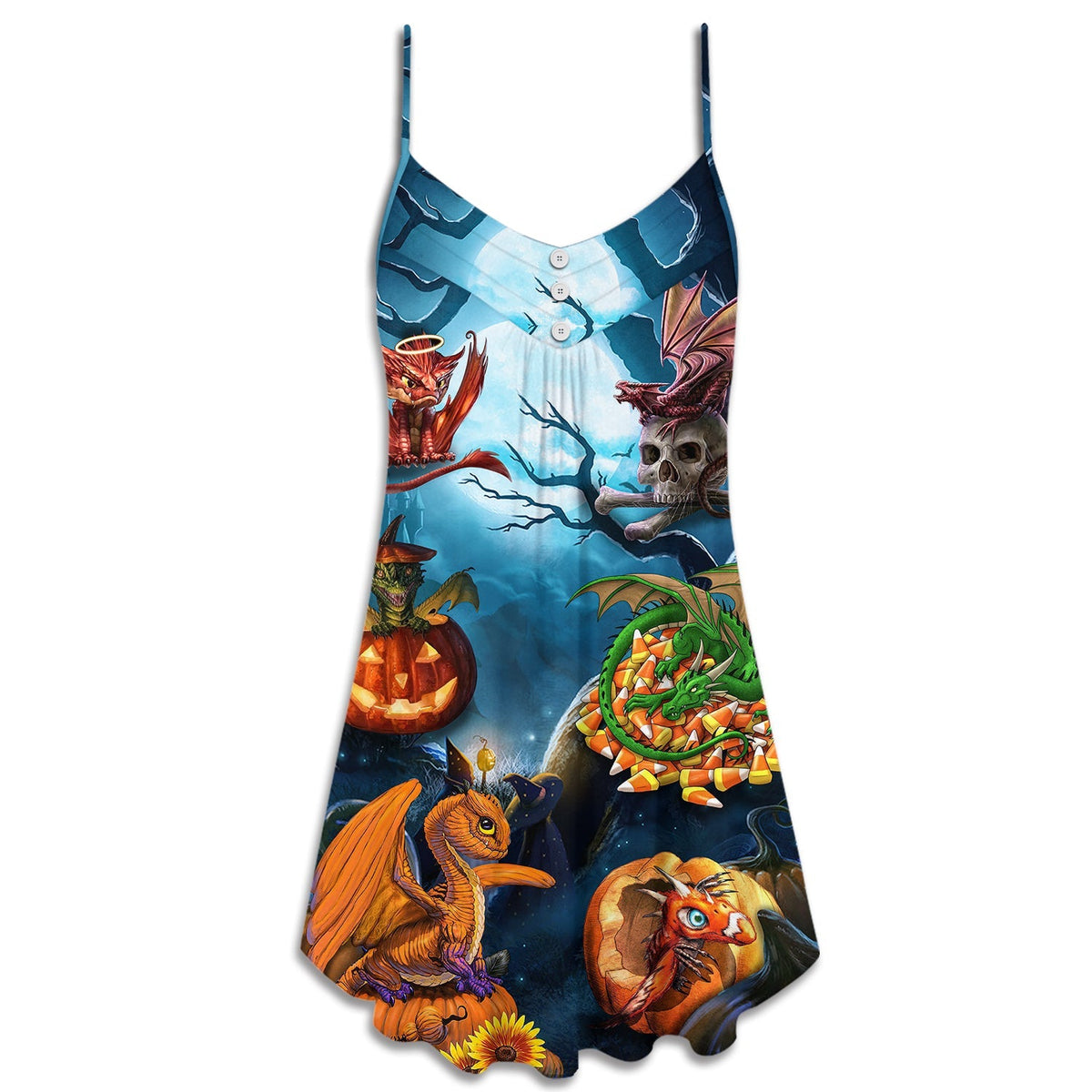 Halloween Dragon Pumpkin Night Sky – Women's Summer Sleeveless V-Neck Camisole Dress