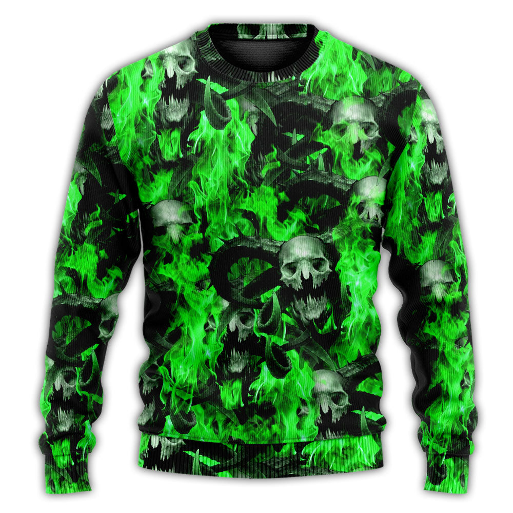 Green Flame Skull Burning Art – Sweater - Ugly Christmas Sweater