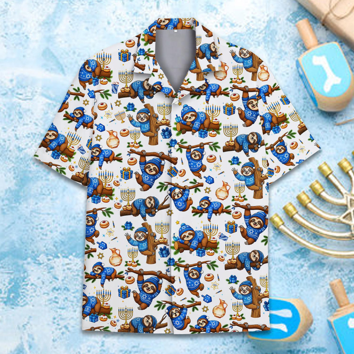 Funny Sloth Hanukkah Menorah Dreidel Holiday – Hawaiian Shirt