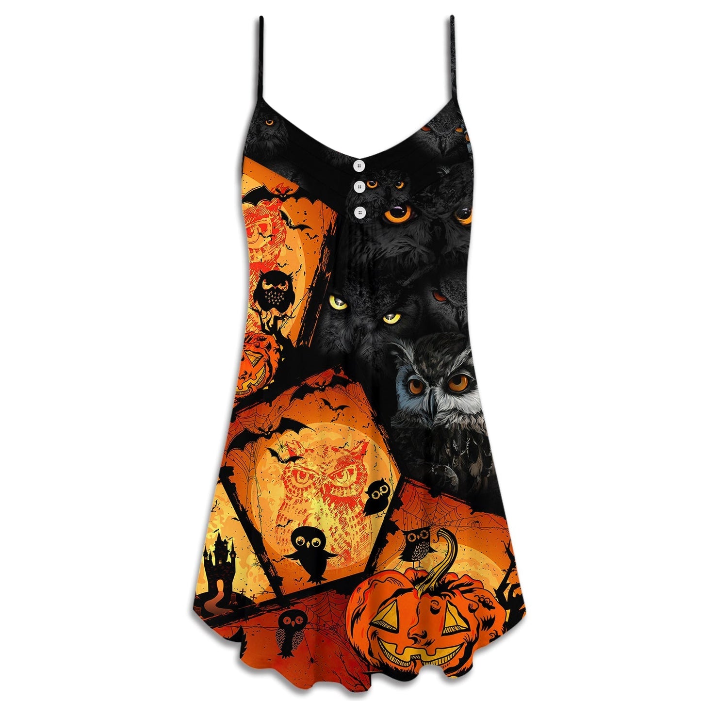 Halloween Owl Pumpkin Night – Women's Summer Sleeveless V-Neck Camisole Dress