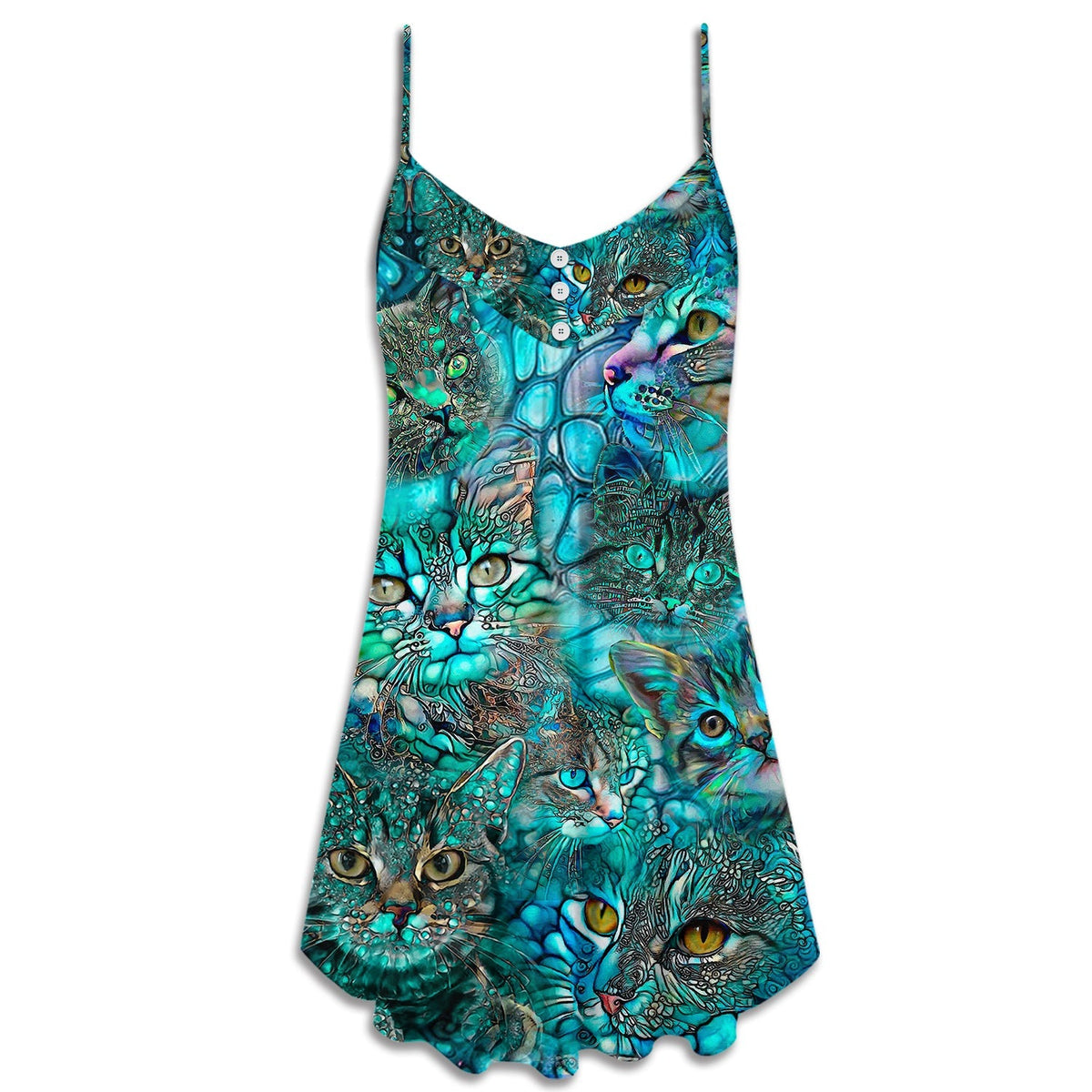 Blue Cat Art Lover Colorful – Women's Summer Sleeveless V-Neck Camisole Dress