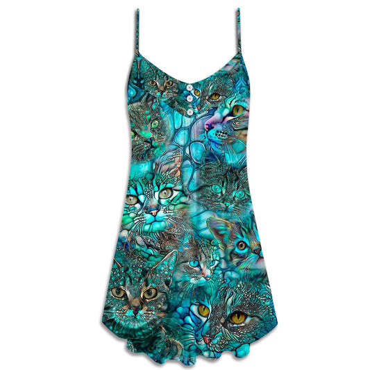 Blue Cat Art Lover Colorful – Women's Summer Sleeveless V-Neck Camisole Dress