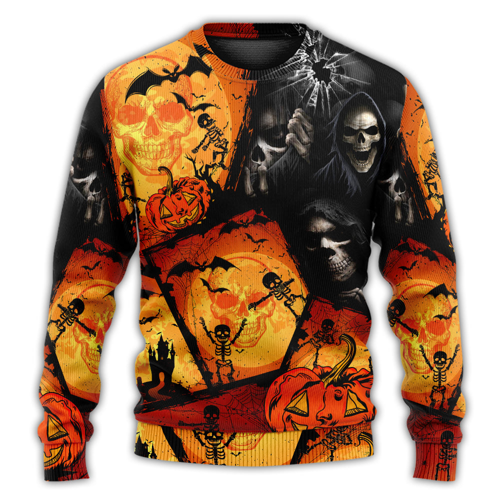 Halloween Skull Pumpkin Night Art – Sweater - Ugly Christmas Sweater