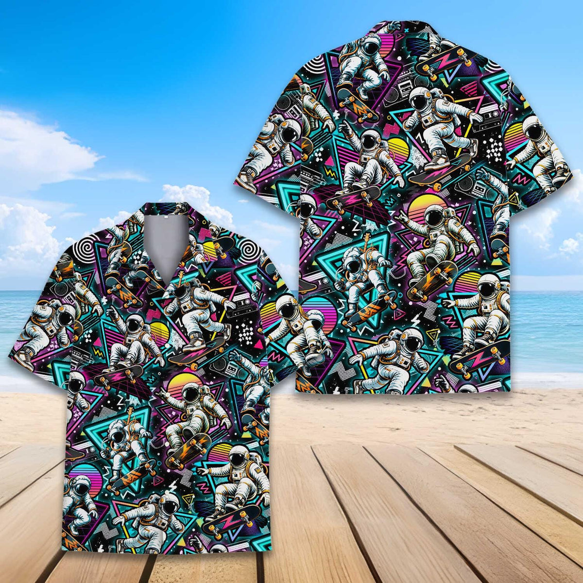 Skater Astronaut Retro Neon Space Synthwave – Hawaiian Shirt