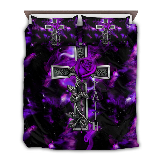 Jesus Purple Rose Cross Christian Galaxy Bedding Cover For Faith Inspired Bedroom Decor And Peaceful Home Style