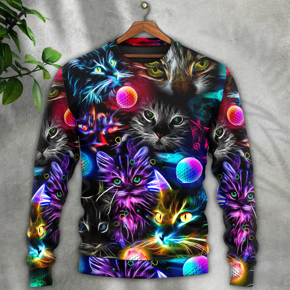 Golf Playing Cat Neon Lightning Art – Sweater - Ugly Christmas Sweater