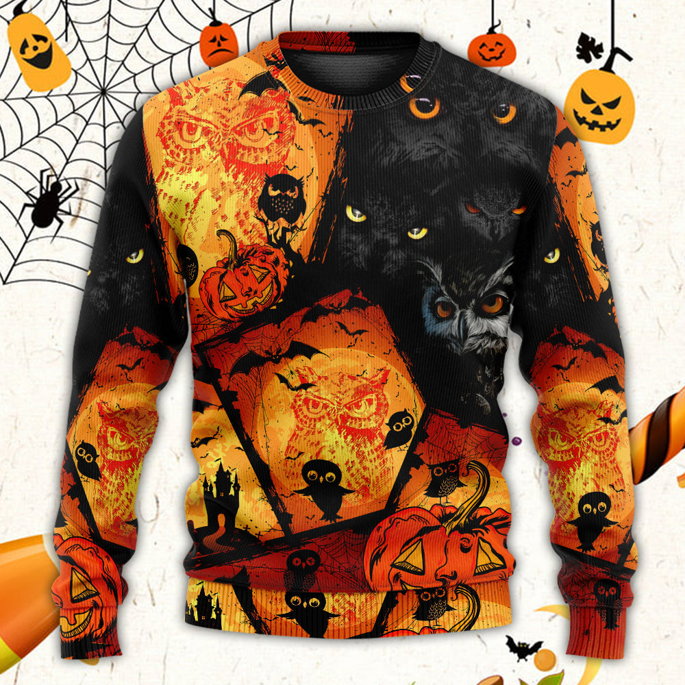 Halloween Owl Pumpkin Night Art – Sweater - Ugly Christmas Sweater