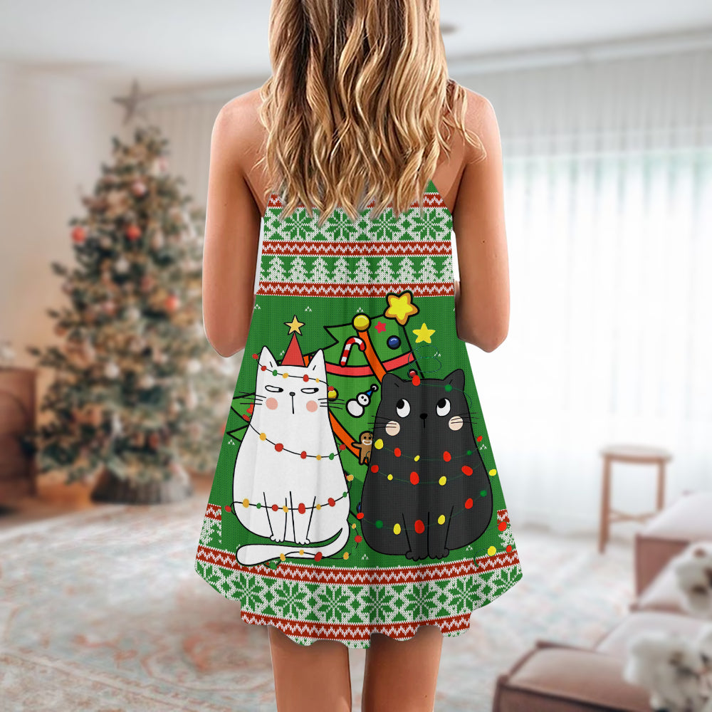 Christmas Meowy Cat Tree Fun – Women's Summer Sleeveless V-Neck Camisole Dress