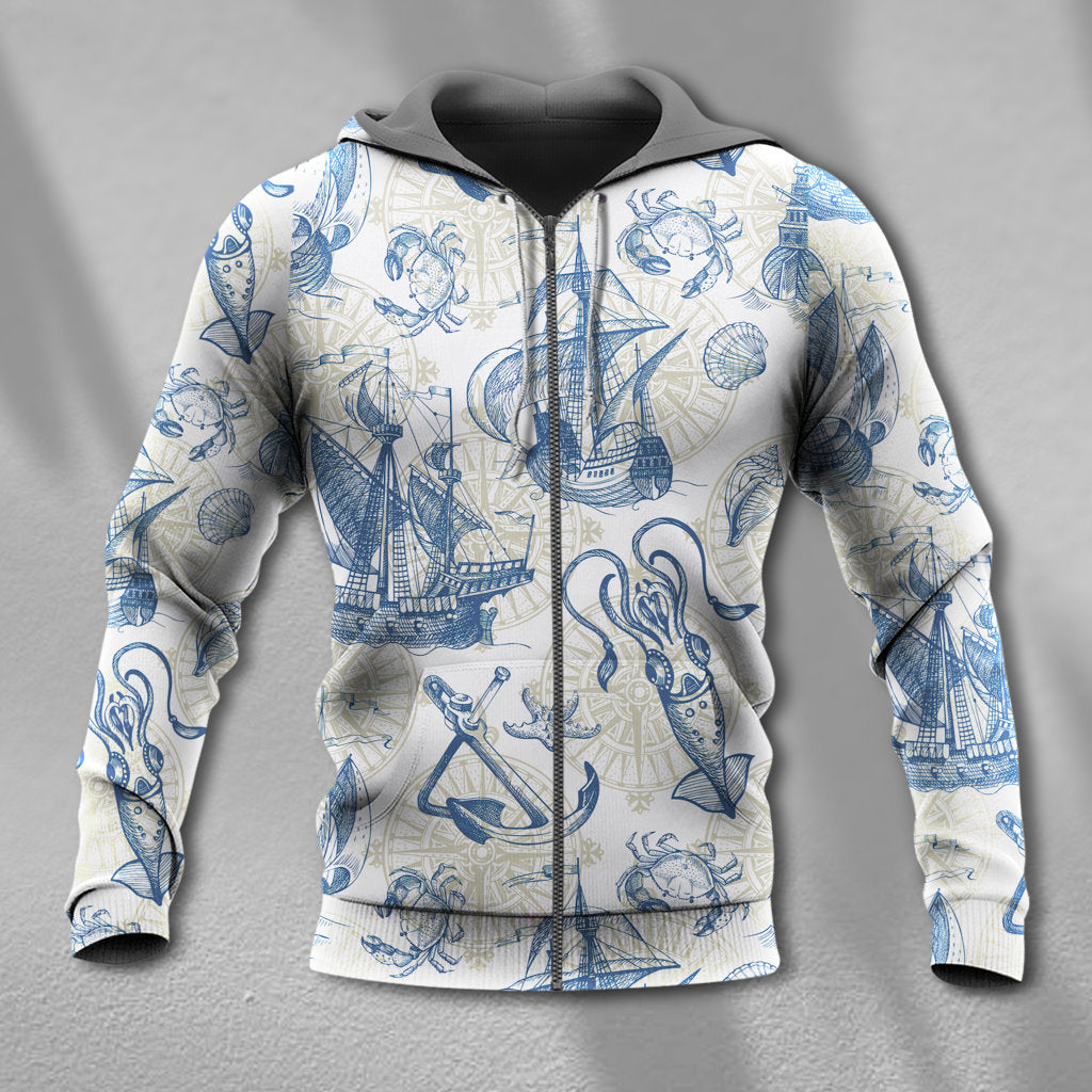 Vintage Sailboat Sea Map Art - 3D Hoodie