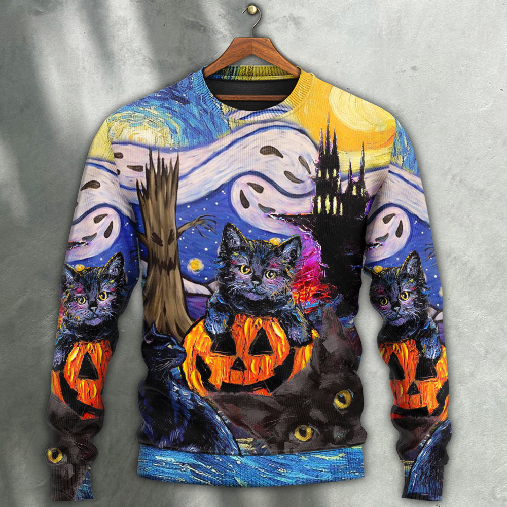 Halloween Black Cat Starry Night Art – Sweater - Ugly Christmas Sweater