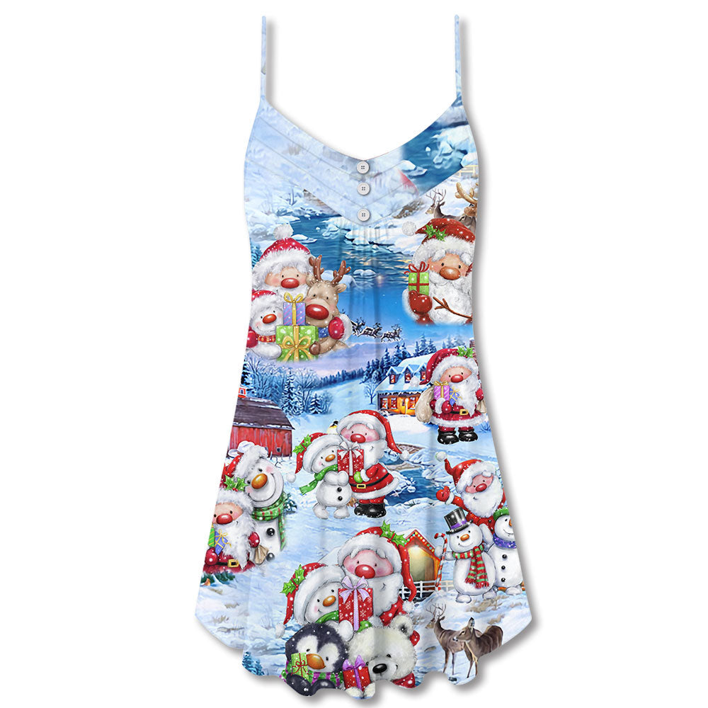 Santa And Snowman Holiday Village – Women's Summer Sleeveless V-Neck Camisole Dress