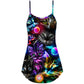 Cat Playing Golf Neon Lightning – Women's Summer Sleeveless V-Neck Camisole Dress