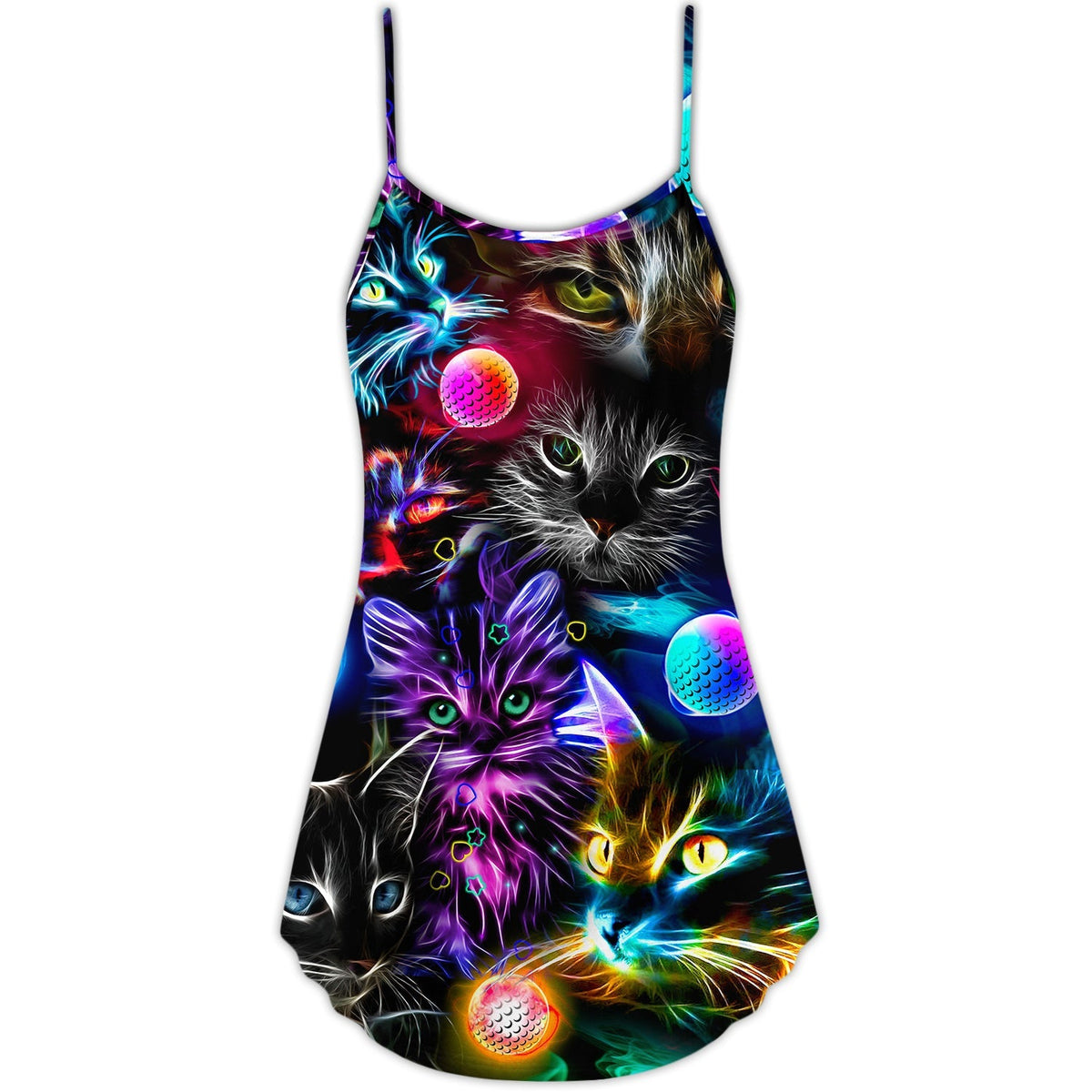 Cat Playing Golf Neon Lightning – Women's Summer Sleeveless V-Neck Camisole Dress
