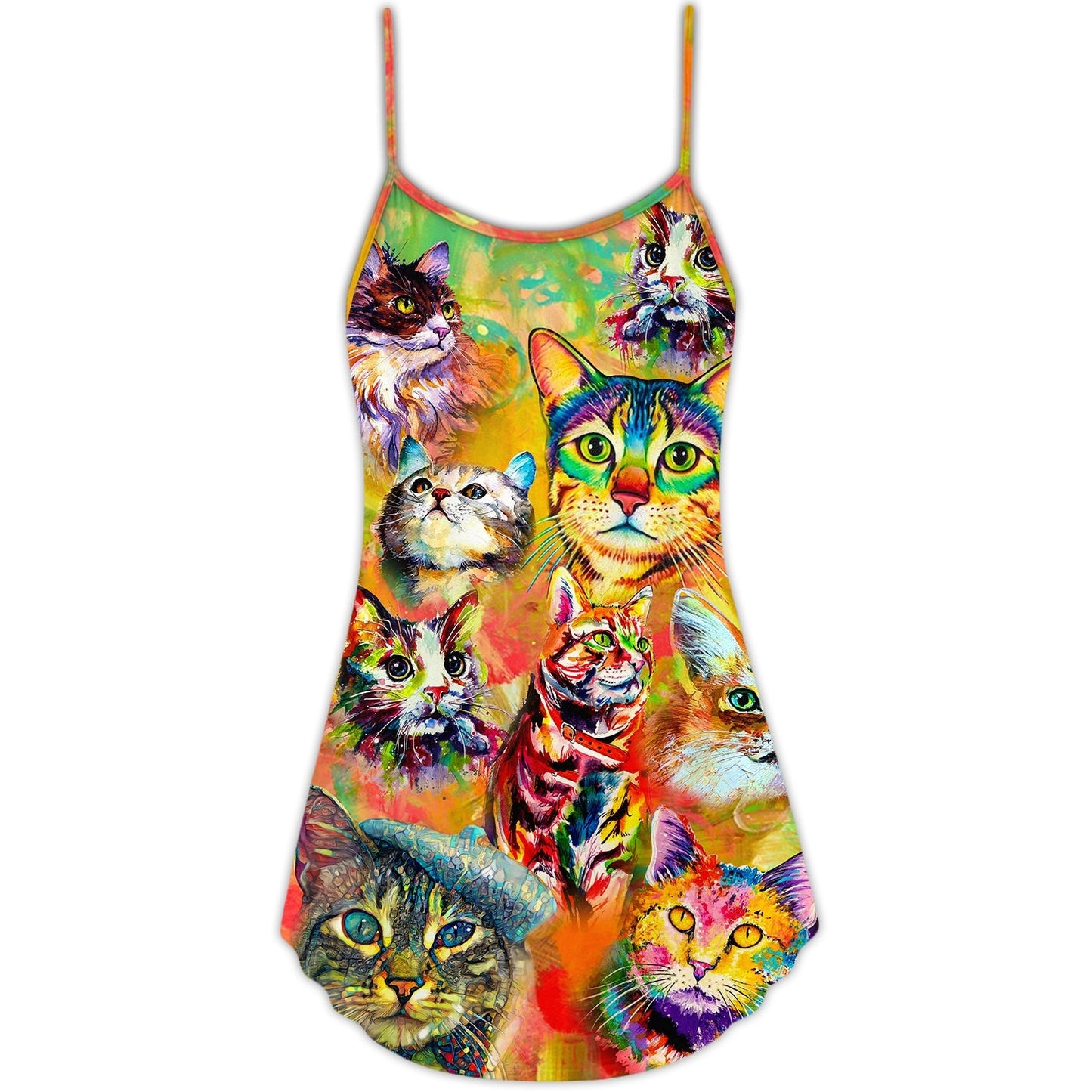 Funny Cat Lover Colorful Painting – Women's Summer Sleeveless V-Neck Camisole Dress