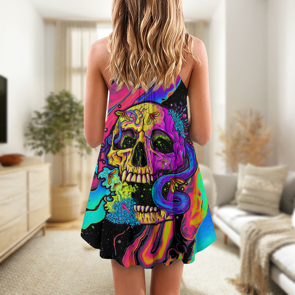 Neon Skull And Moth Night – Women's Summer Sleeveless V-Neck Camisole Dress