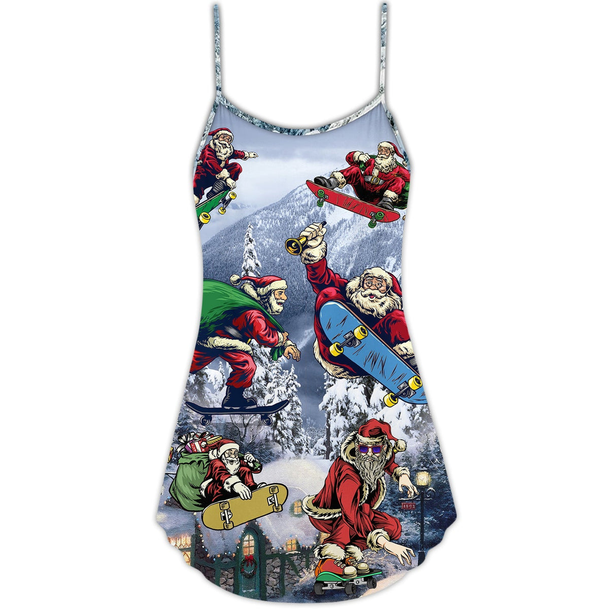 Christmas Santa Skateboarding Snow – Women's Summer Sleeveless V-Neck Camisole Dress