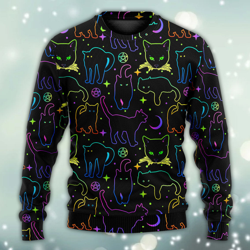 Neon Colorful Cat Playing Art – Sweater - Ugly Christmas Sweater