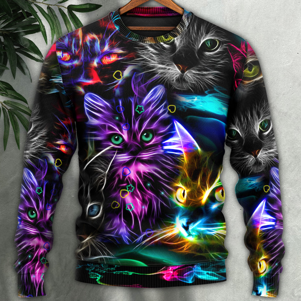 Funny Cat Neon Light Colorful Art – Sweater - Ugly Christmas Sweater