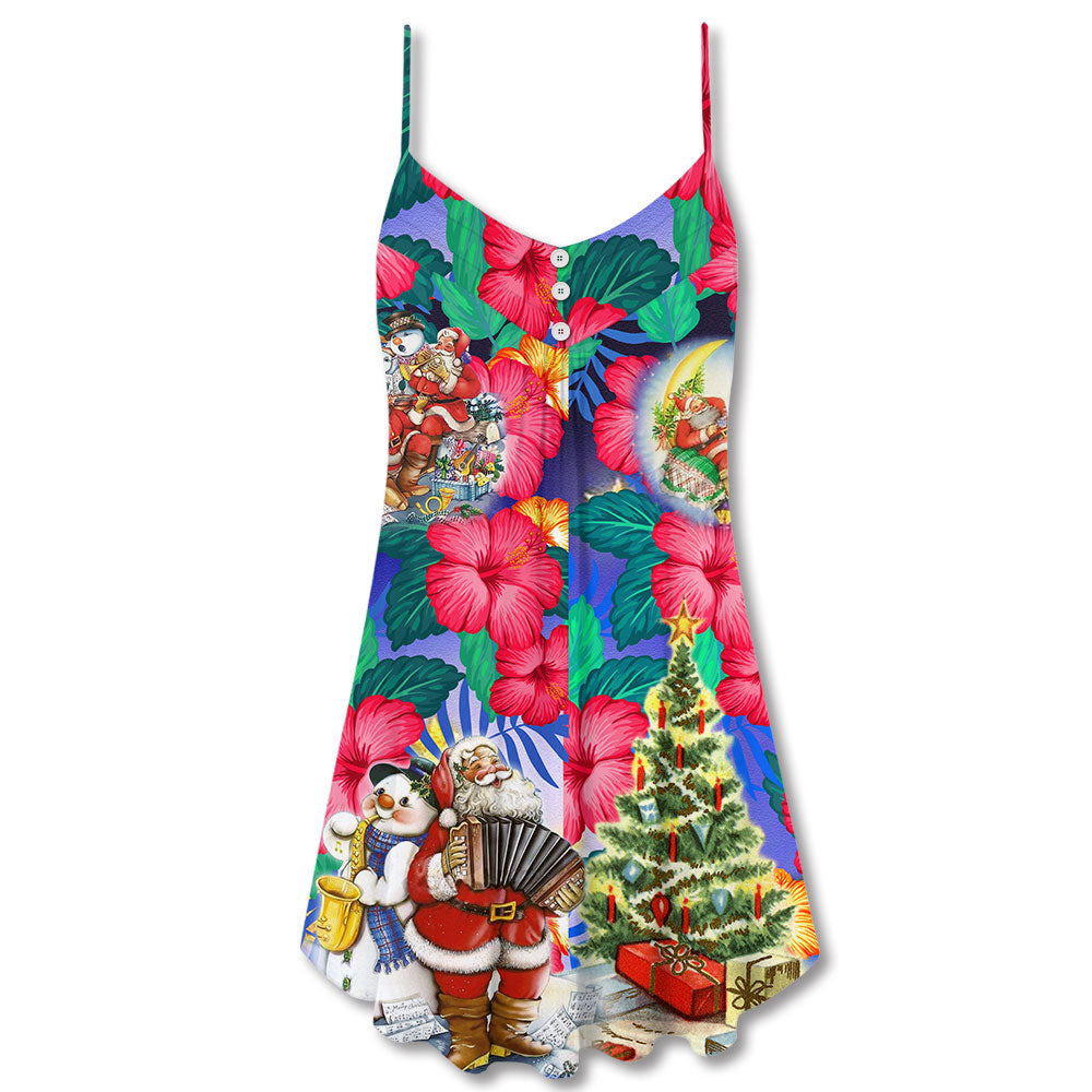 Tropical Flower Santa Merry Christmas Snow – Women's Summer Sleeveless V-Neck Camisole Dress