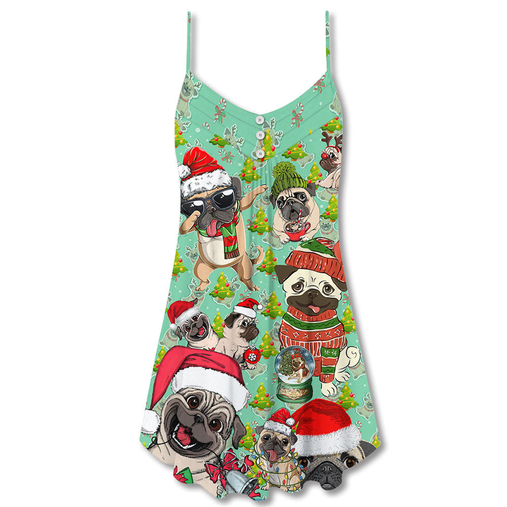 Pugmas Santa Merry Christmas Snow – Women's Summer Sleeveless V-Neck Camisole Dress