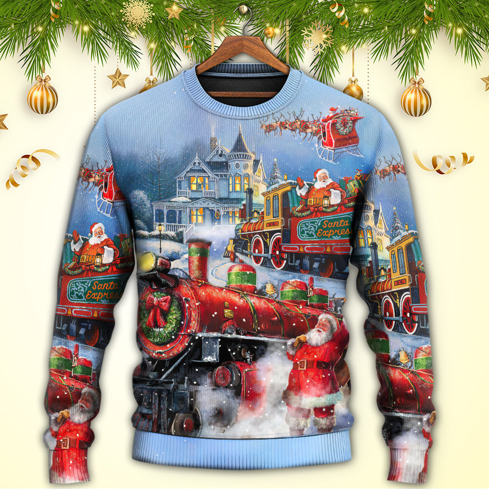 Christmas Santa Train Gift Painting Art – Sweater - Ugly Christmas Sweater