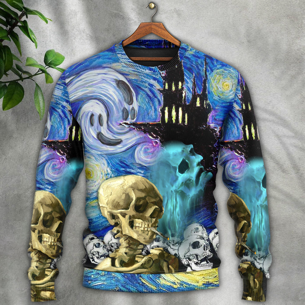 Halloween Skull Smoke Starry Night Art – Sweater - Ugly Christmas Sweater