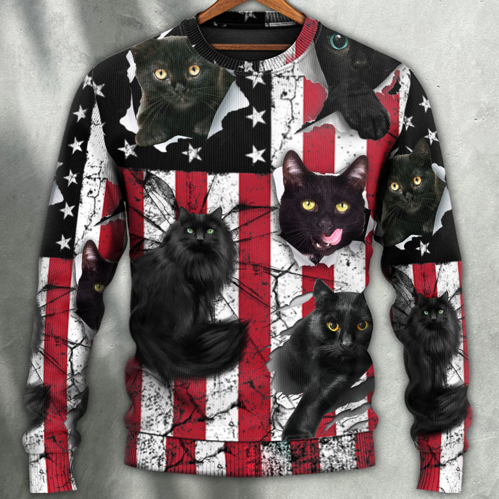 Black Cat Independence Day Style – Sweater - Ugly Christmas Sweater