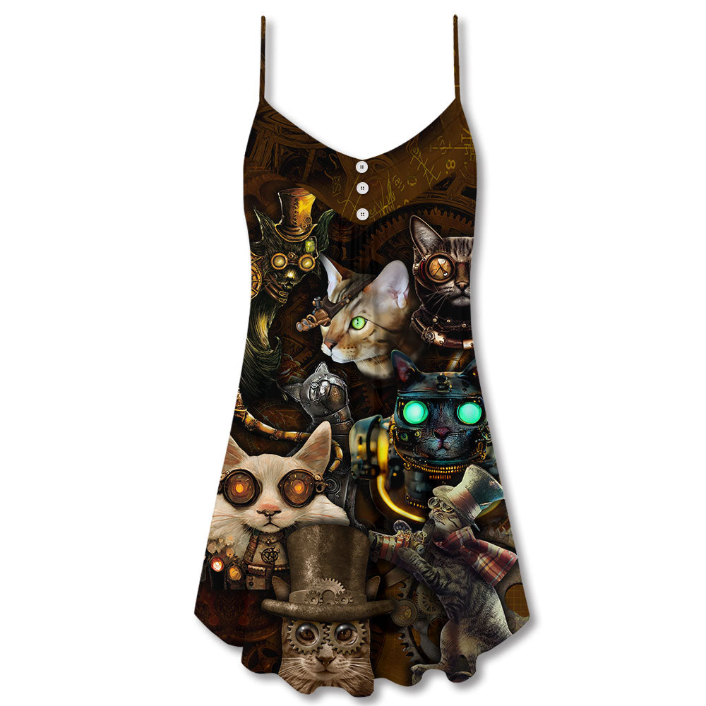 Steampunk Cat Heart Thief – Women's Summer Sleeveless V-Neck Camisole Dress