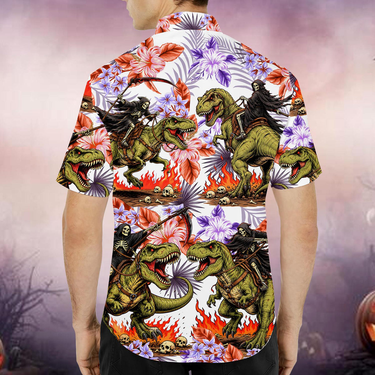 T-Rex Riding Reaper Retro Skeleton Dinosaur – Hawaiian Shirt