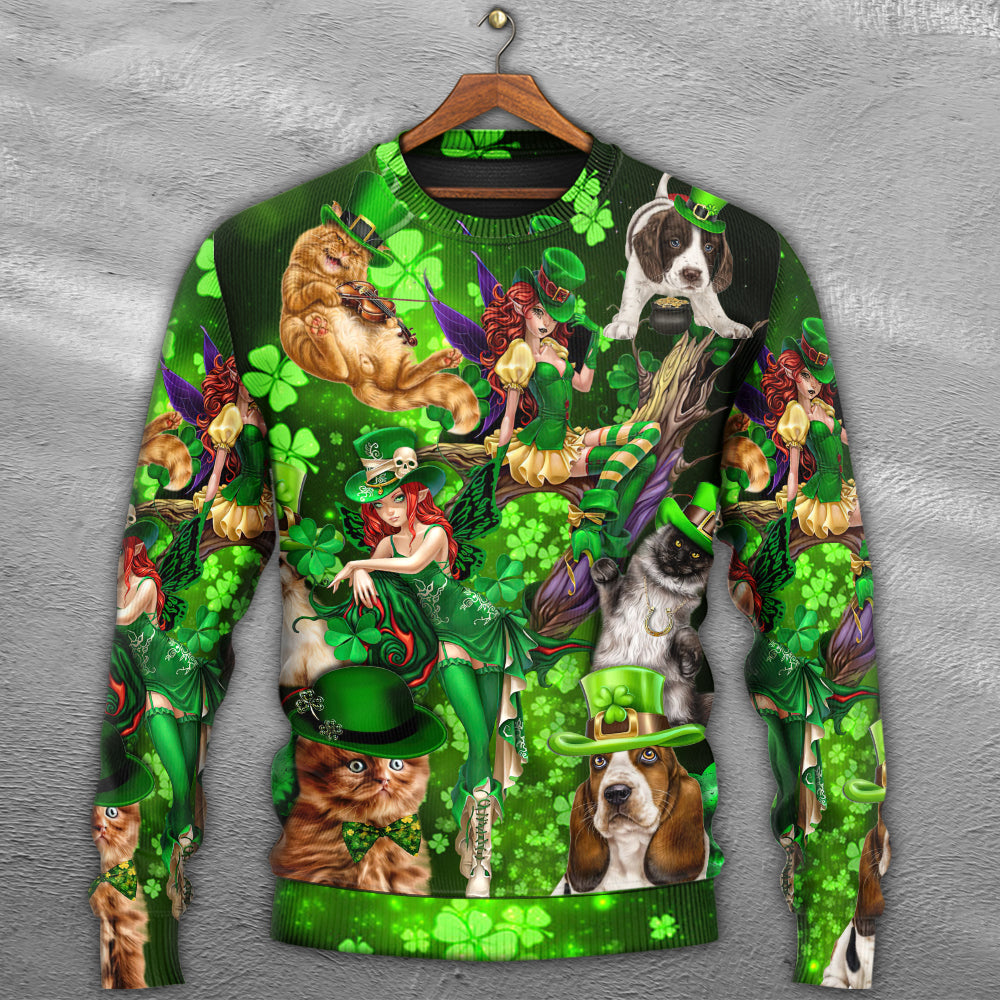 Irish Cat Girl St Patrick Green Light – Sweater - Ugly Christmas Sweater