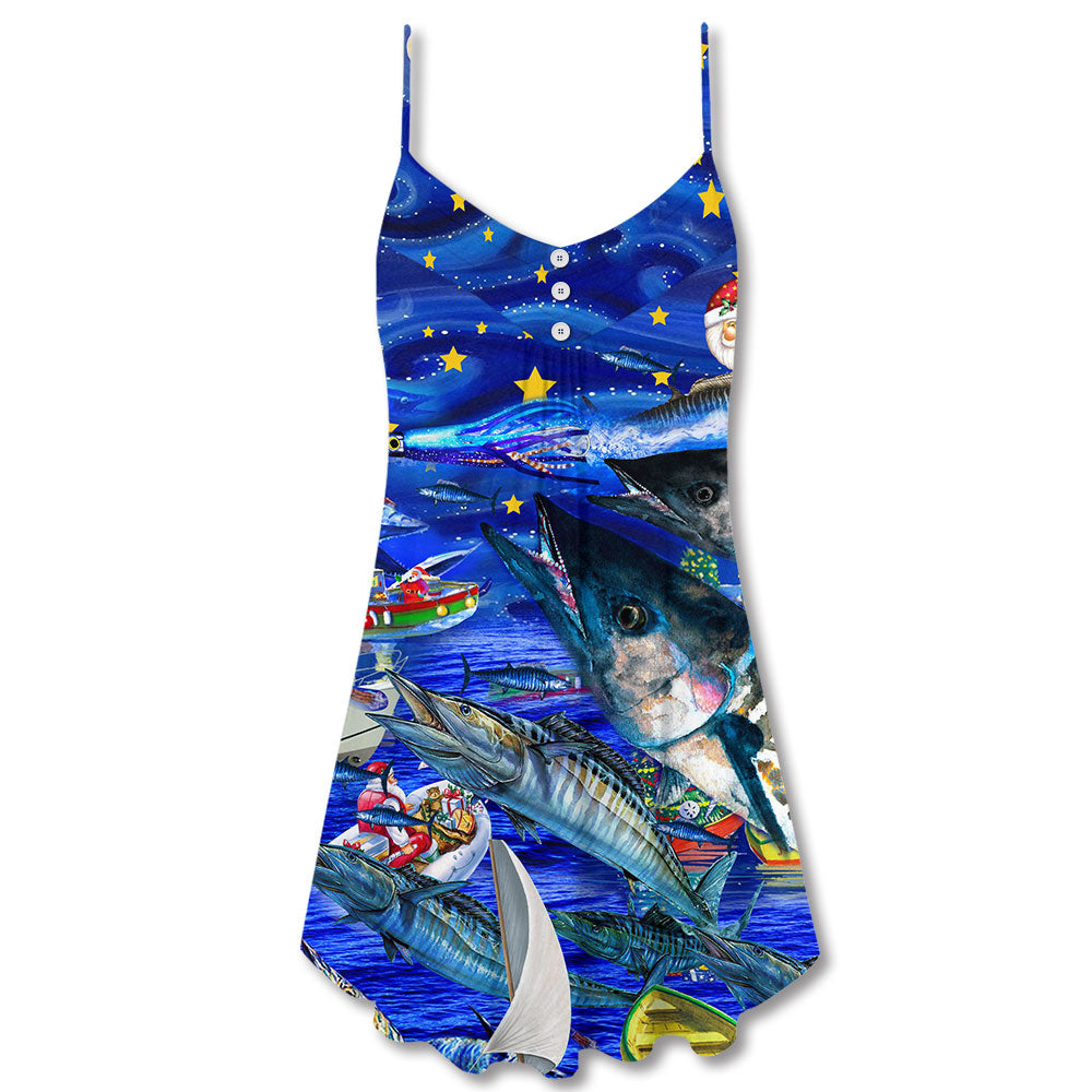 Ocean Blue Fish Christmas Love – Women's Summer Sleeveless V-Neck Camisole Dress