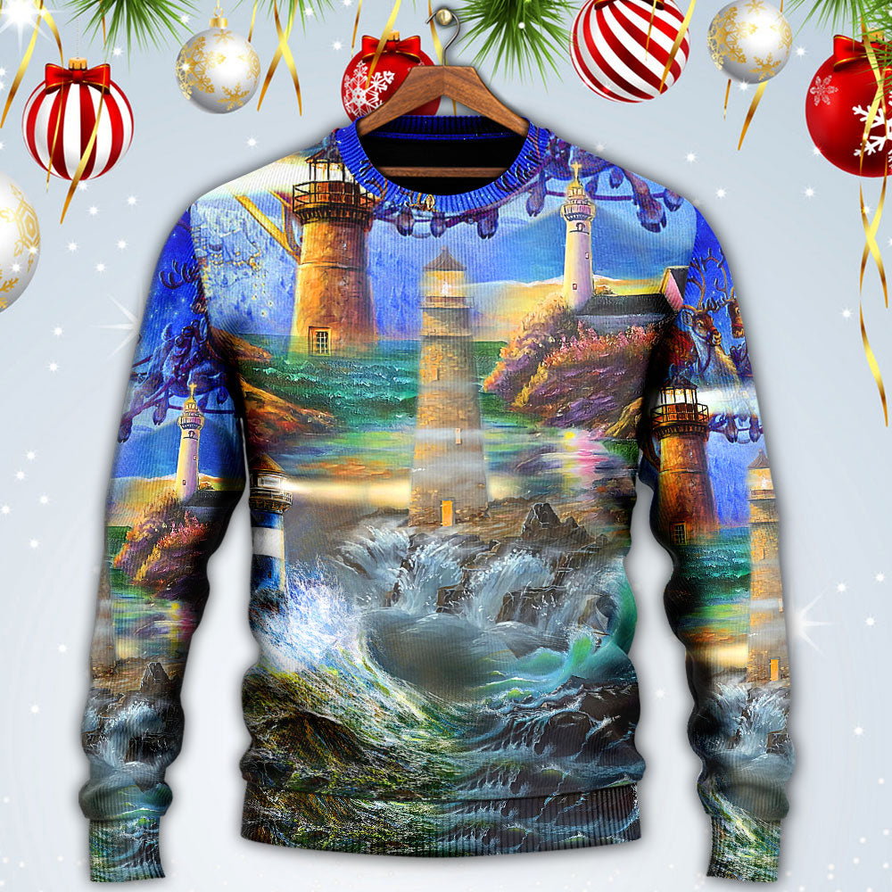 Lighthouse Christmas Santa Shine Like A Light – Sweater - Ugly Christmas Sweater