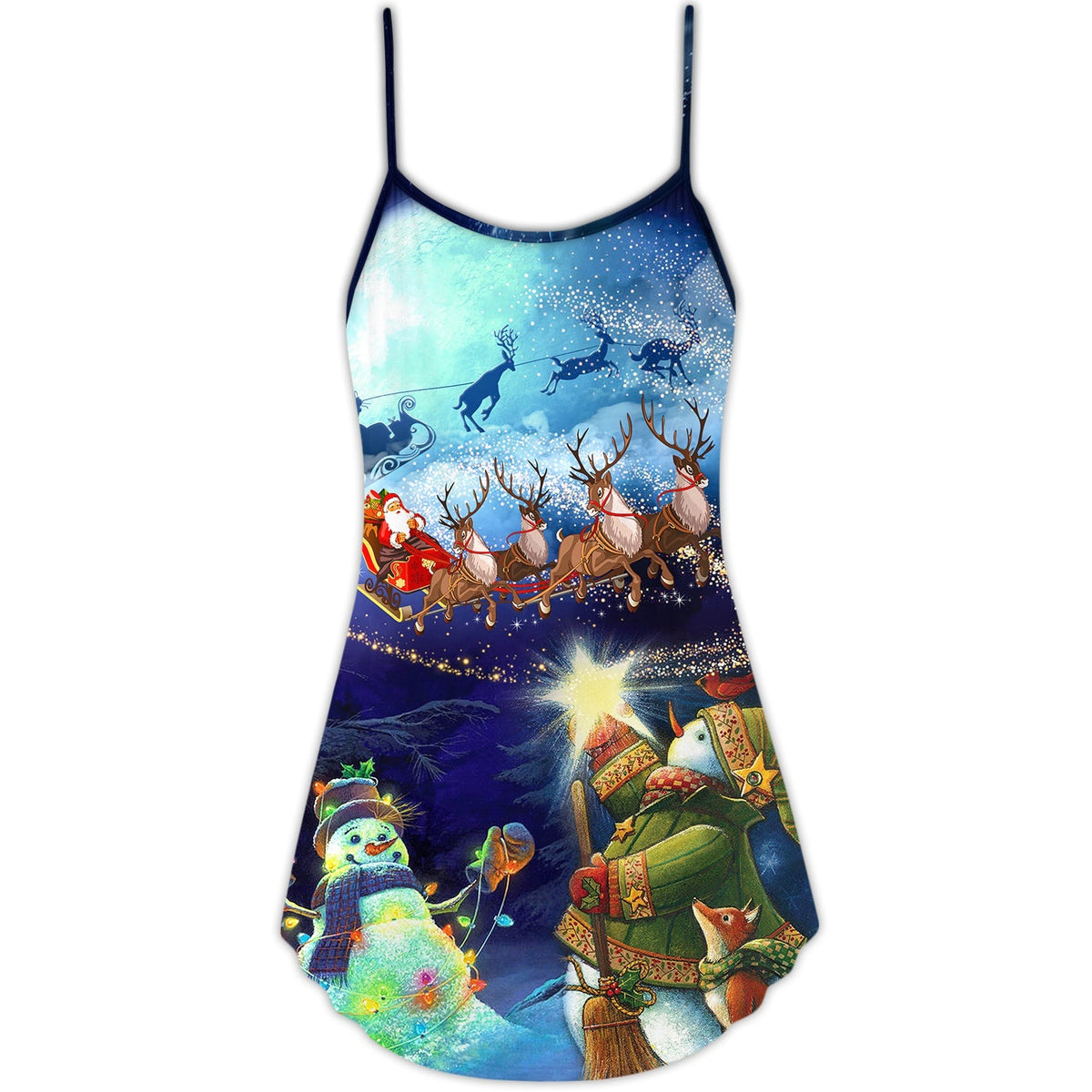 Christmas Santa Reindeer Snowman Light Art – Women's Summer Sleeveless V-Neck Camisole Dress
