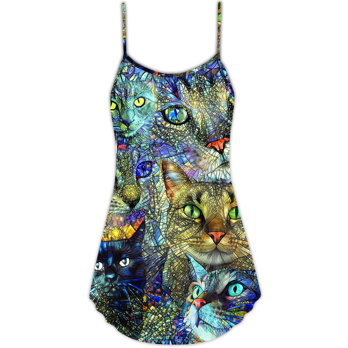 Colorful Cat Art Lover – Women's Summer Sleeveless V-Neck Camisole Dress