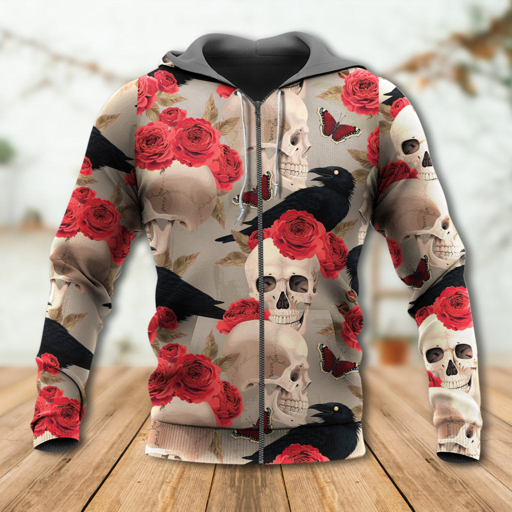 Gothic Skull Rose Raven - 3D Hoodie