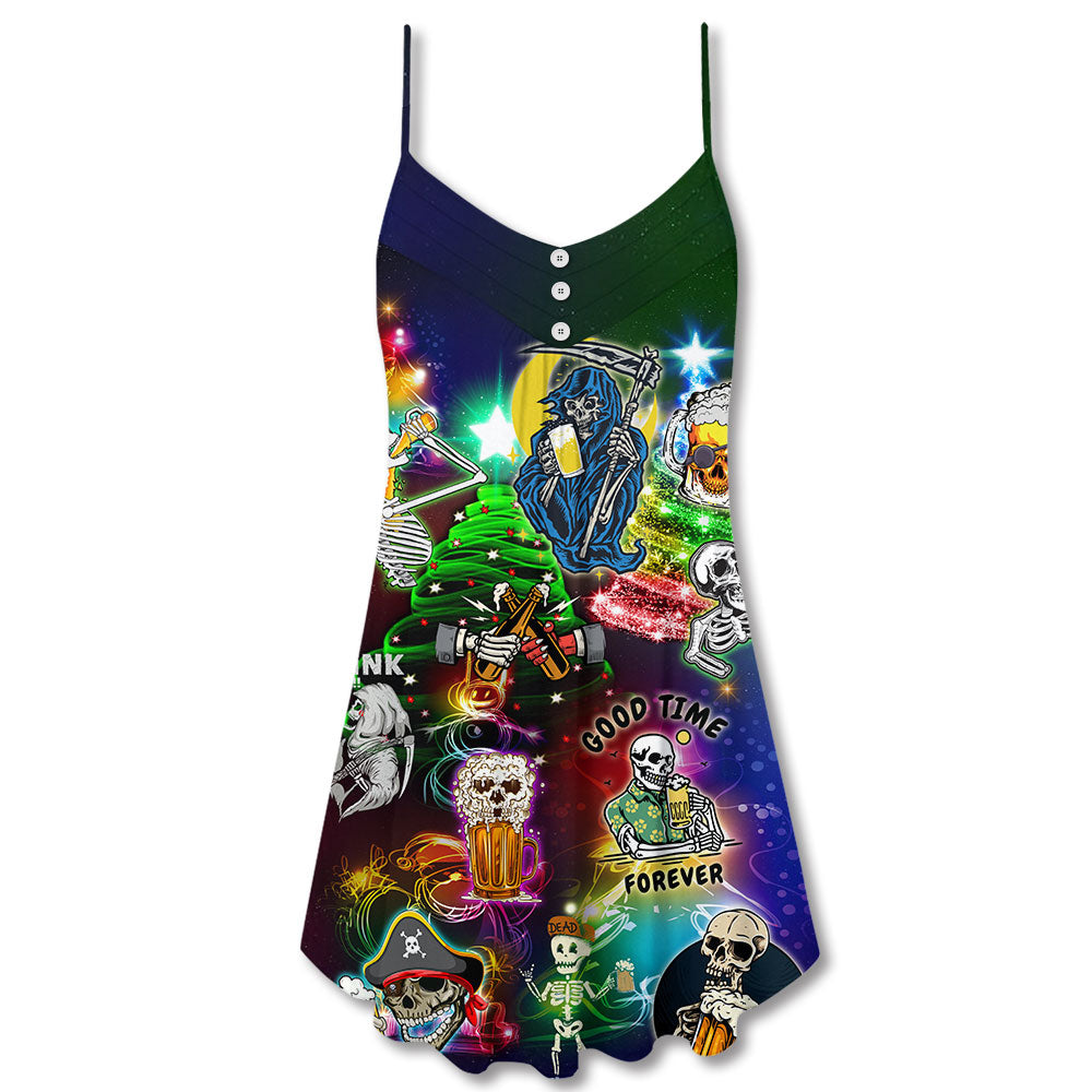 Christmas Skull Love Beer – Women's Summer Sleeveless V-Neck Camisole Dress