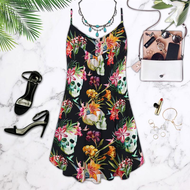 Tropical Skull Flowers – Women's Summer Sleeveless V-Neck Camisole Dress