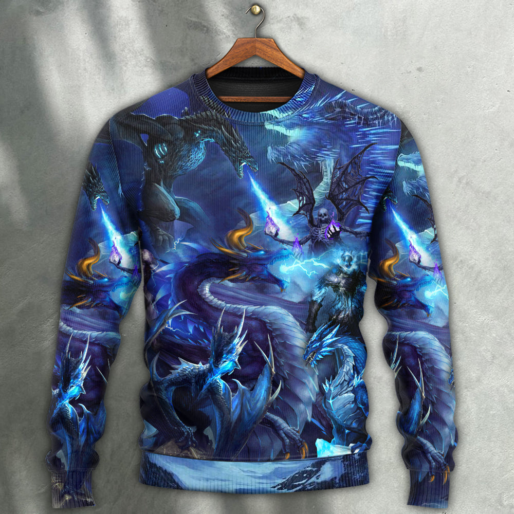 Blue Dragon Skull Fire Lightning Art – Sweater - Ugly Christmas Sweater