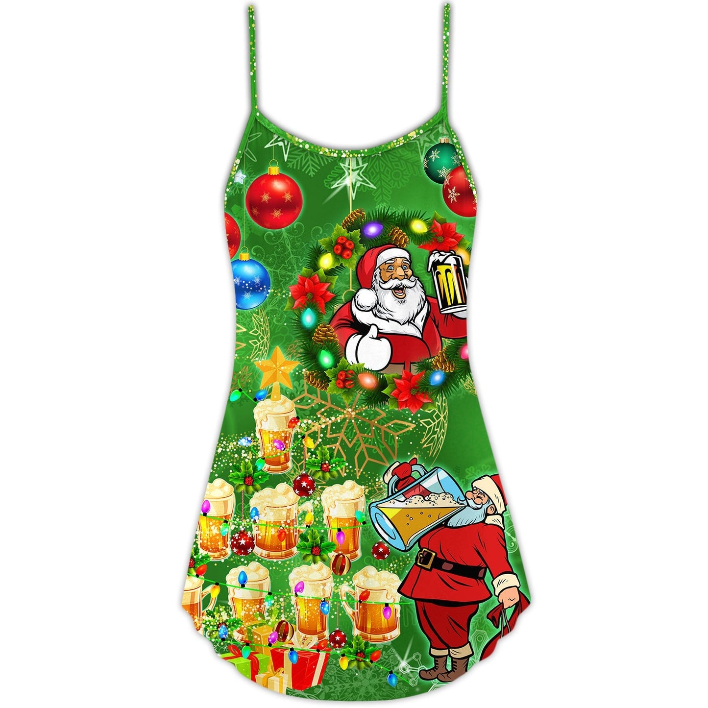Funny Santa Drinking Beer Christmas Lights – Women's Summer Sleeveless V-Neck Camisole Dress