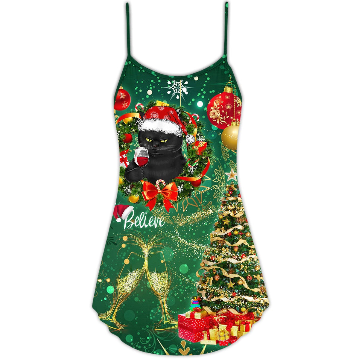 Christmas Black Cat Drinking Tree Lights – Women's Summer Sleeveless V-Neck Camisole Dress