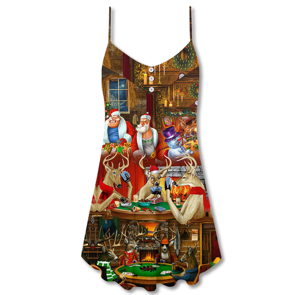 Poker Santa Friends Merry Christmas Snow – Women's Summer Sleeveless V-Neck Camisole Dress