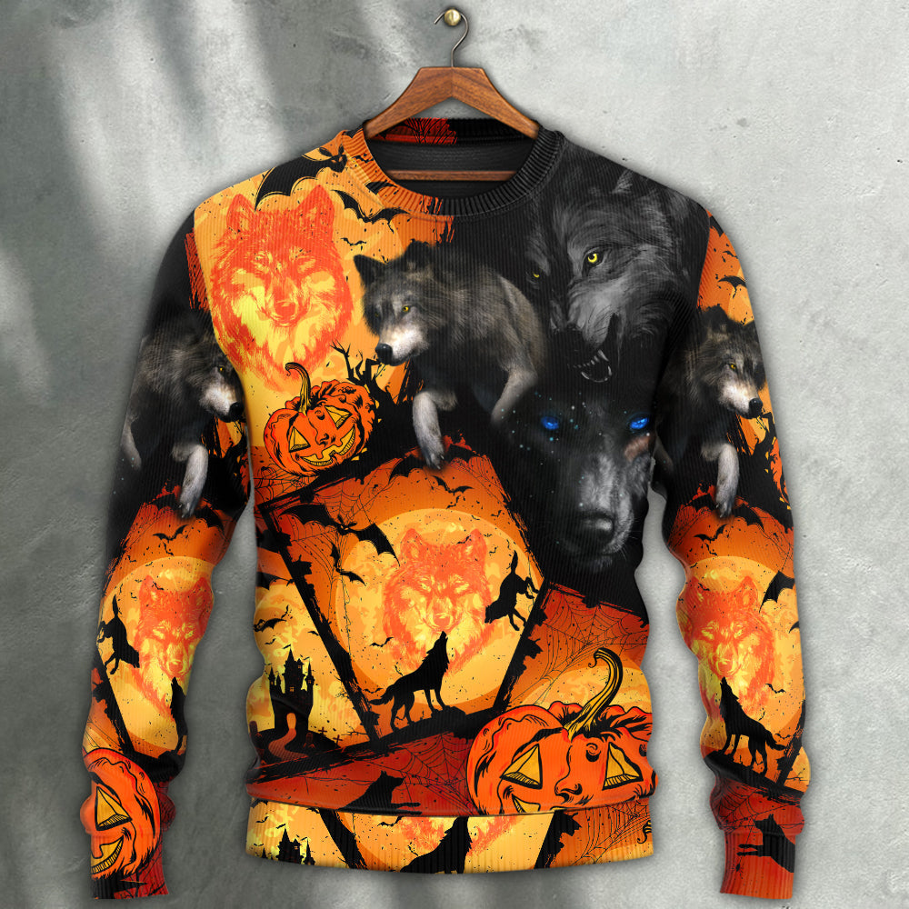 Halloween Wolf Pumpkin Fantasy Art – Sweater - Ugly Christmas Sweater