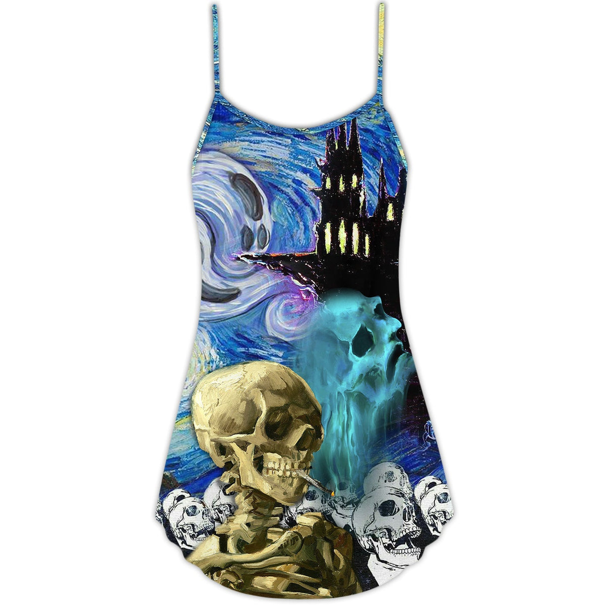 Halloween Skull Smoke Starry Night – Women's Summer Sleeveless V-Neck Camisole Dress