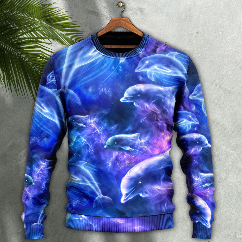 Dolphin Galaxy Neon Glow Art Style – Sweater - Ugly Christmas Sweater